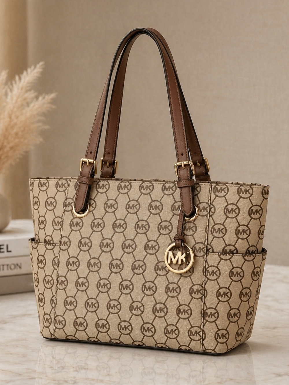 Michael Kors Brown Beige MK Signature Tote with Gold Charm